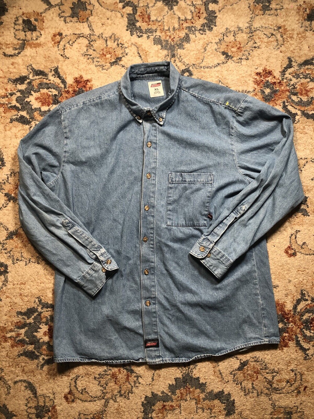 Dickies Shirt Mens XL Blue Chambray Denim Wash Cotton Long Sleeve Workwear